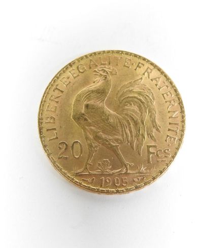 Coin of 20 francs in gold, rooster, 1905...