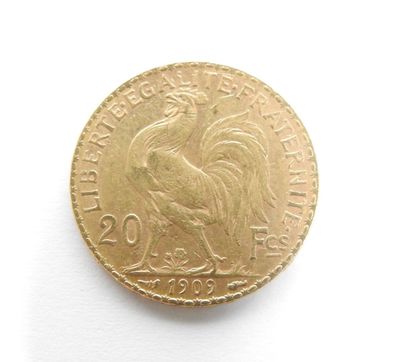 Coin of 20 francs in gold, rooster, 1909...