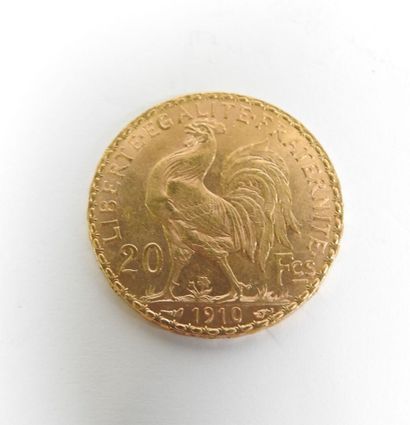 Coin of 20 francs in gold, rooster, 1910...