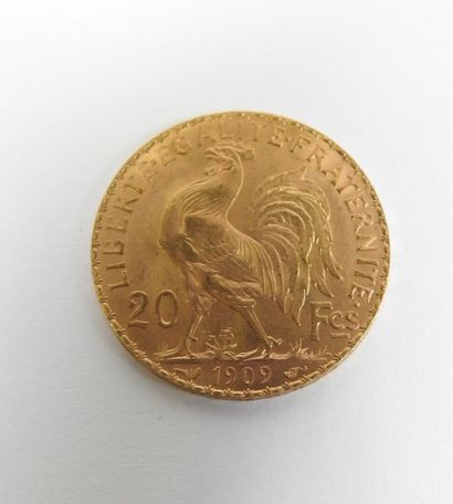 Coin of 20 francs in gold, rooster, 1909...