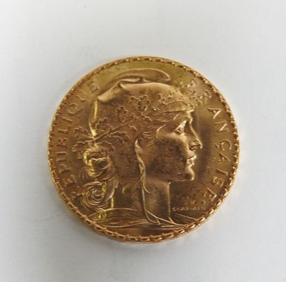 Coin of 20 francs in gold, rooster, 1907...