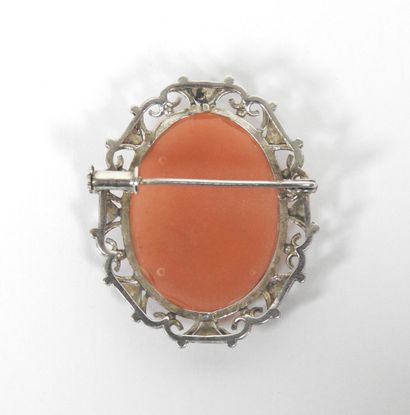 Oval cameo brooch in silver filigree showing...