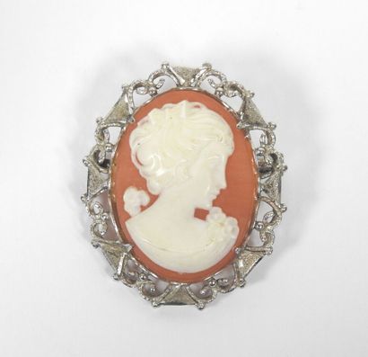 Oval cameo brooch in silver filigree showing...