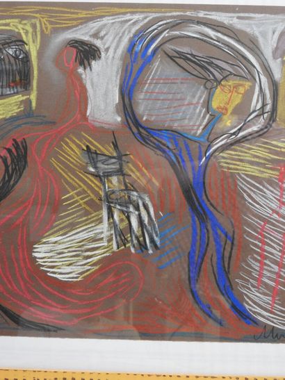 École XXe. 
Femmes et homme. 
Pastel signé...