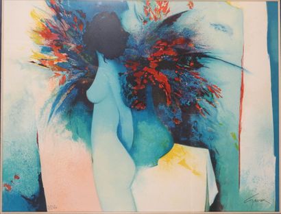 Claude GAVEAU (1940-2021).
Femme bleue.
Lithographie...