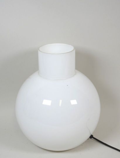 Lampe en verre teinté blanc de forme boule.
Travail...