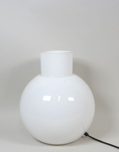 Lampe en verre teinté blanc de forme boule.
Travail...