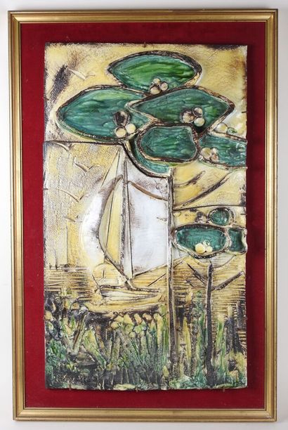 PEDRELLI, XXe.
Le voilier.
Bas-relief composé...