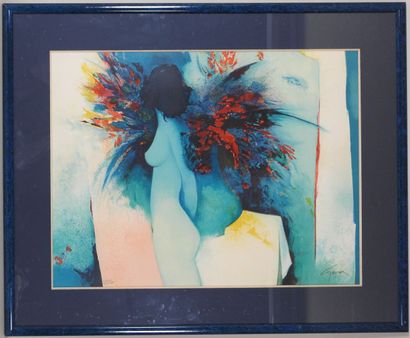 Claude GAVEAU (1940-2021).
Femme bleue.
Lithographie...