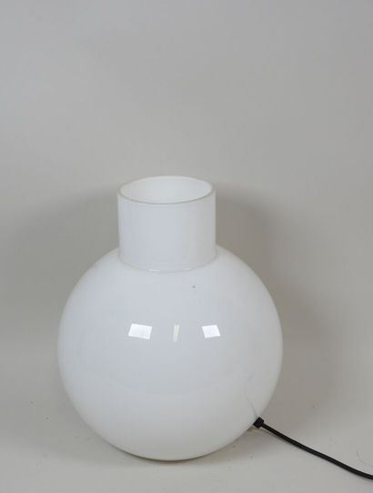 Lampe en verre teinté blanc de forme boule.
Travail...