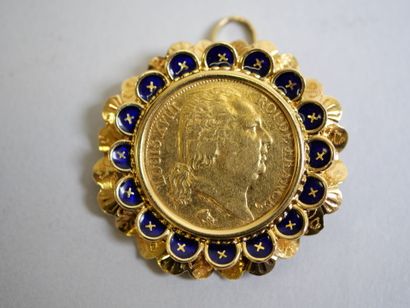 Gold brooch pendant coin 20 frs Louis XVIII...