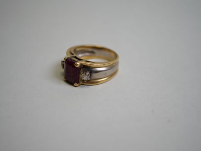 Rectangular red stone** gold ring with 2...