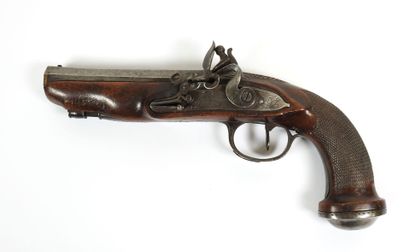 Pistolet à silex, canon à pans avec inscription...
