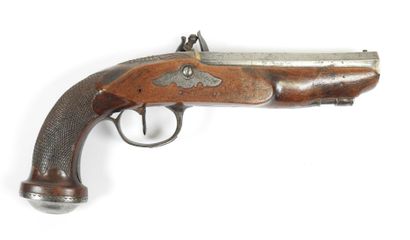 Pistolet à silex, canon à pans avec inscription...