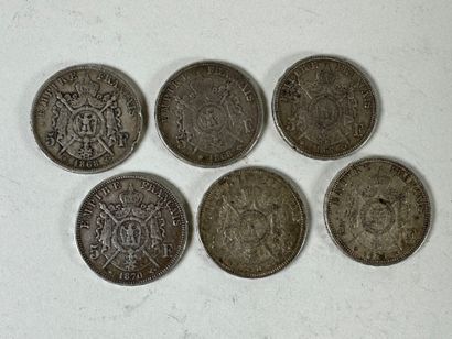 Ensemble de 6 pièces de 5 francs en argent...