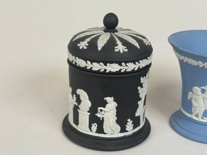 WEDGWOOD.
Three ceramic pieces on a blue...