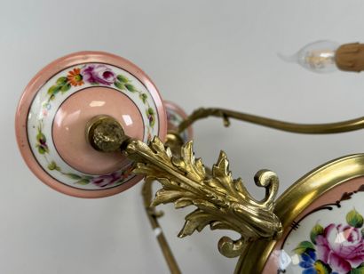 Brass four-light chandelier with polychrome...