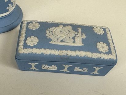 WEDGWOOD.
Three ceramic pieces on a blue...