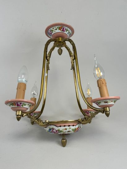 Brass four-light chandelier with polychrome...