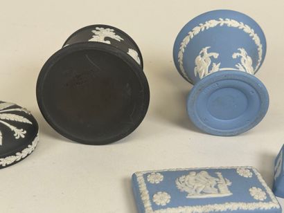 WEDGWOOD.
Three ceramic pieces on a blue...
