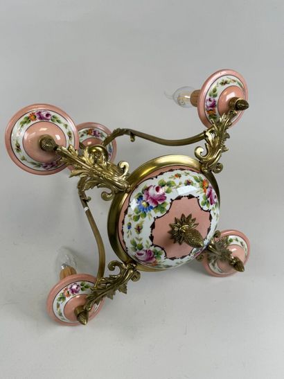 Brass four-light chandelier with polychrome...