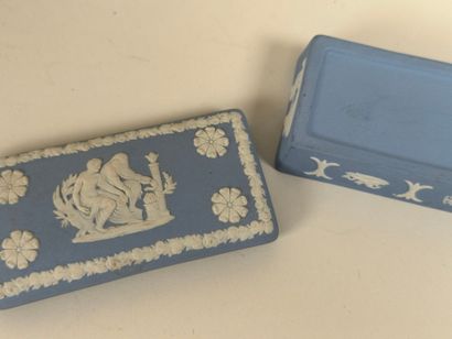 WEDGWOOD.
Three ceramic pieces on a blue...