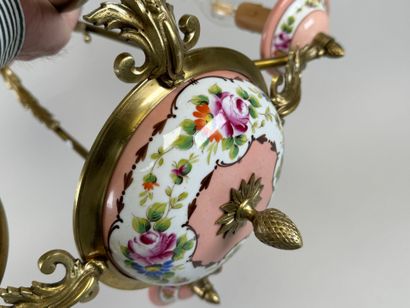 Brass four-light chandelier with polychrome...