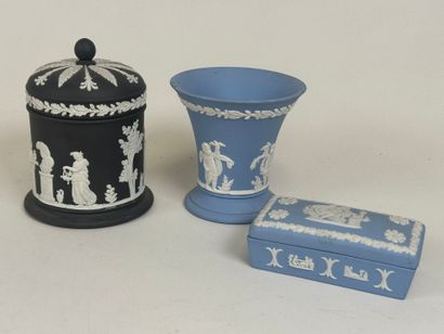 WEDGWOOD.
Three ceramic pieces on a blue...