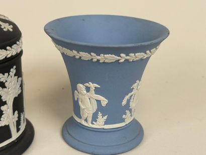 WEDGWOOD.
Three ceramic pieces on a blue...