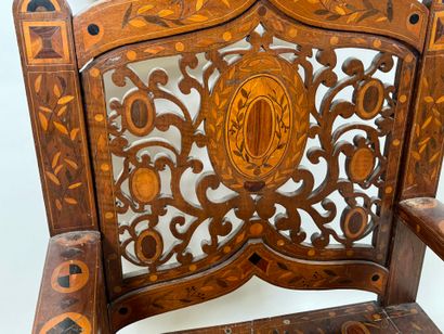 Large armchair in carved wood and wood marquetry,...