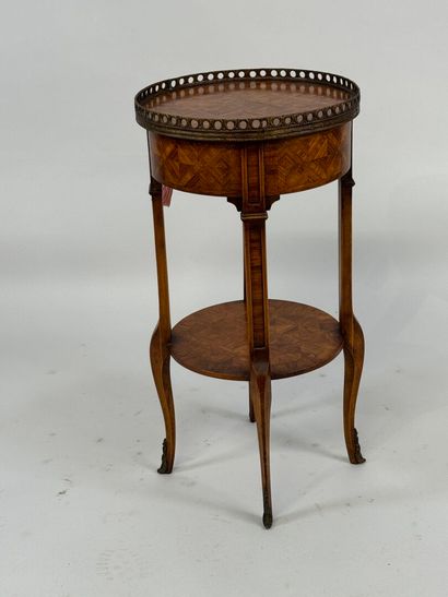 Round bedside table in wood and inlaid veneer,...