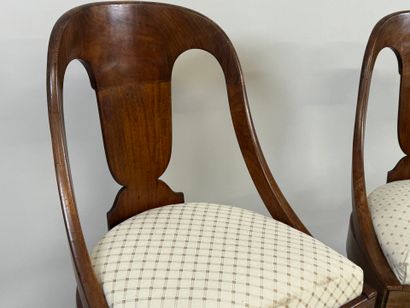 Pair of mahogany veneered chairs, fabric...