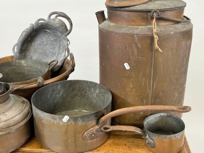Lot de cuivres comprenant bassinoire, casseroles...