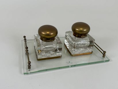 Double crystal and brass inkwell with two...