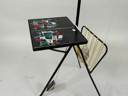 Black lacquered metal floor lamp, magazine...