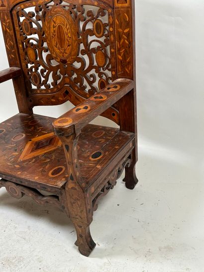 Large armchair in carved wood and wood marquetry,...