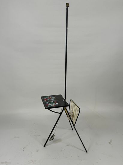 Black lacquered metal floor lamp, magazine...