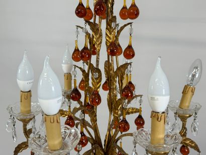 Six-arm brass chandelier with foliate decoration...