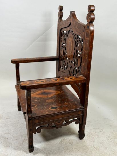Large armchair in carved wood and wood marquetry,...