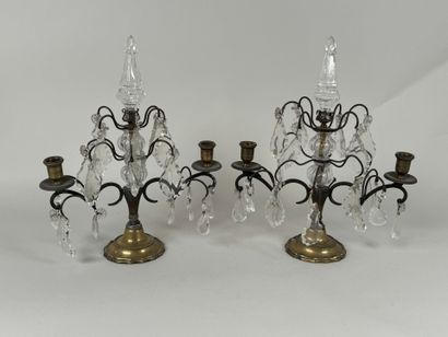 Pair of brass or bronze girandoles with two...