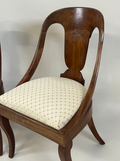 Pair of mahogany veneered chairs, fabric...