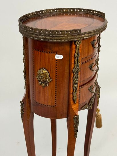 Oval-shaped bedside table in wood and inlaid-style...