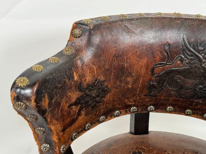 Desk armchair in blackened wood, leather...