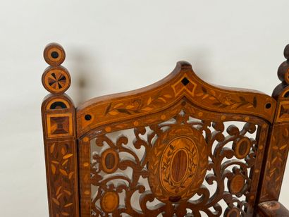 Large armchair in carved wood and wood marquetry,...