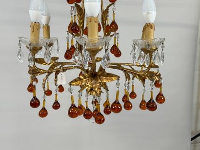 Six-arm brass chandelier with foliate decoration...