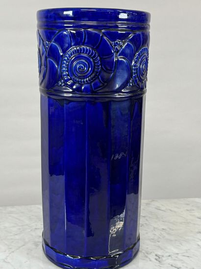 Midnight-blue glazed ceramic umbrella stand...
