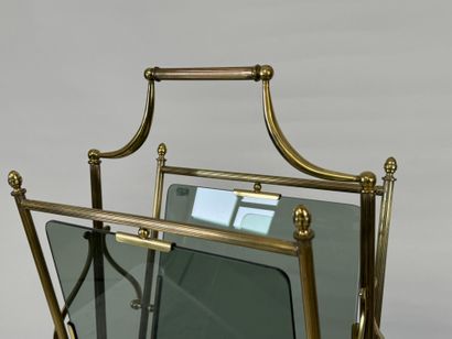 Magazine rack in brass and smoked glass,...