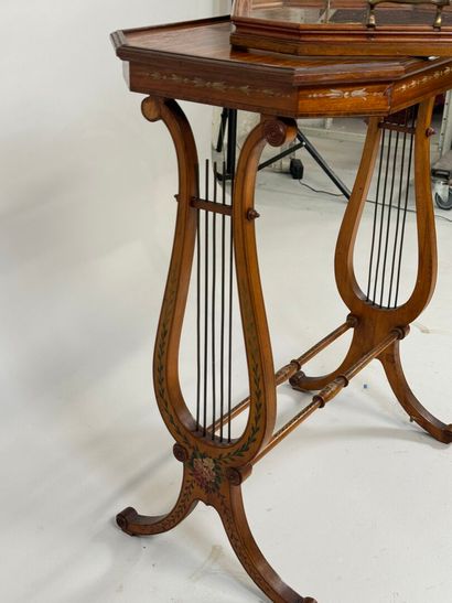Small tea table, lyre base, top decorated...