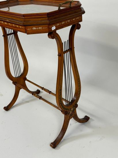 Small tea table, lyre base, top decorated...