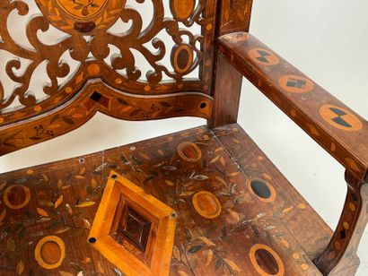 Large armchair in carved wood and wood marquetry,...
